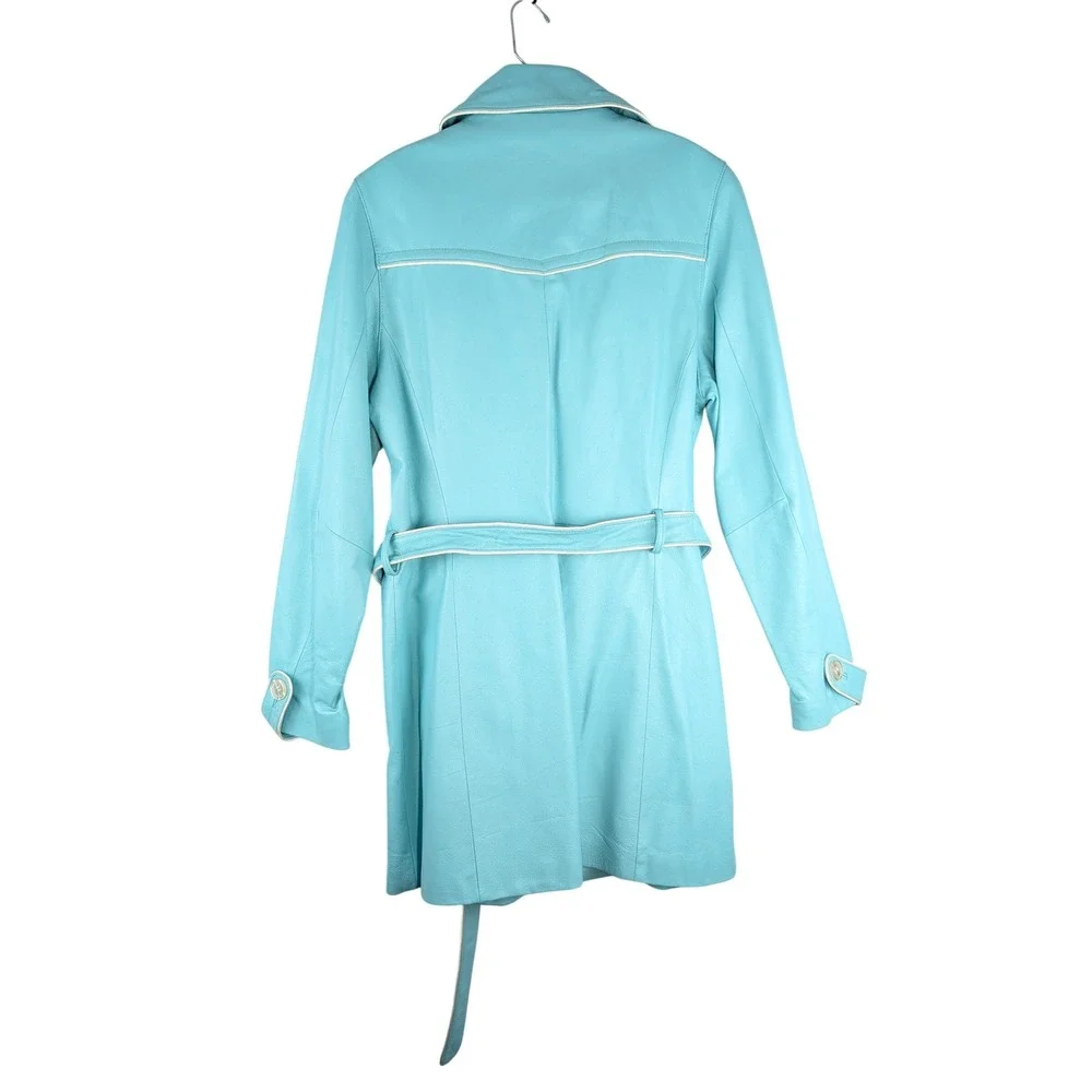 Wilsons Leather Maxima Trench Coat Womens L Turquoise Blue Leather Belted Jacket - Picture 2 of 10
